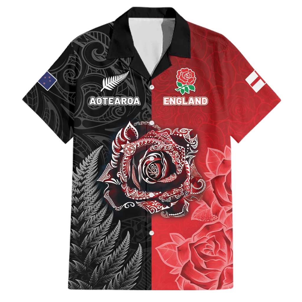 New Zealand And England Rugby Custom Family Matching Summer Maxi Dress and Hawaiian Shirt Red Rose Mix Maori Pattern - Polynesian Pride