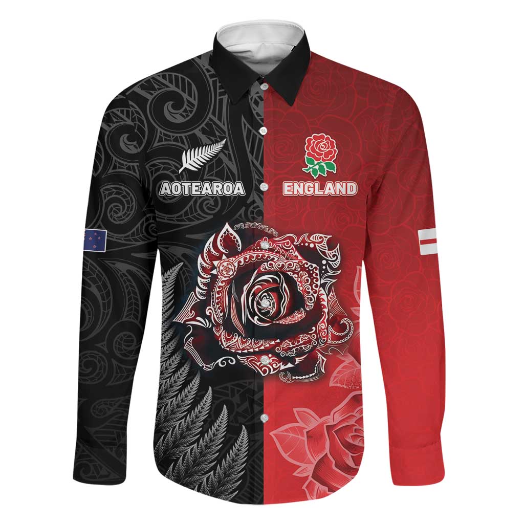 New Zealand And England Rugby Custom Family Matching Summer Maxi Dress and Hawaiian Shirt Red Rose Mix Maori Pattern - Polynesian Pride