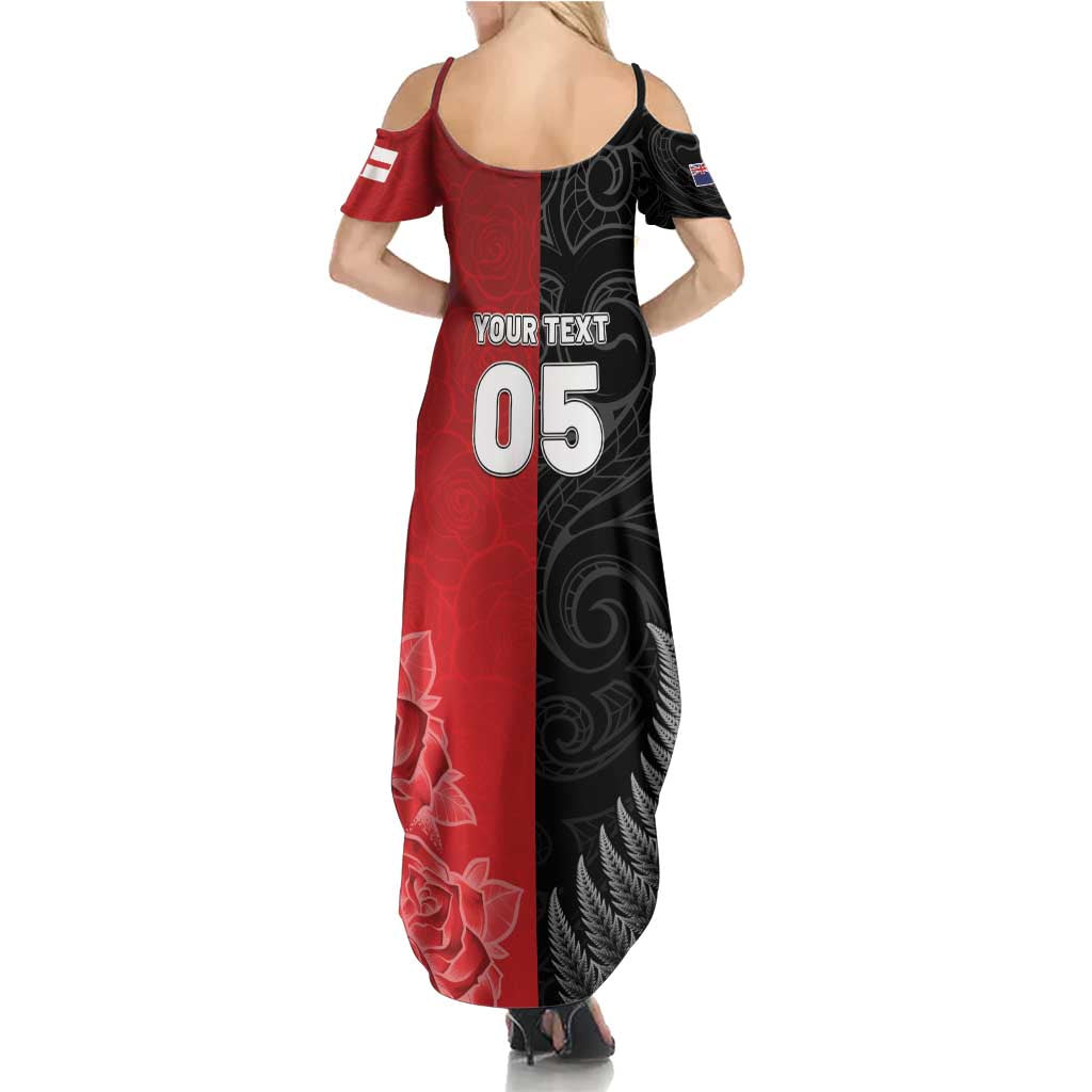 New Zealand And England Rugby Custom Family Matching Summer Maxi Dress and Hawaiian Shirt Red Rose Mix Maori Pattern - Polynesian Pride