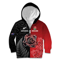 New Zealand And England Rugby Custom Kid Hoodie Red Rose Mix Maori Pattern LT05 Zip Hoodie Black - Polynesian Pride