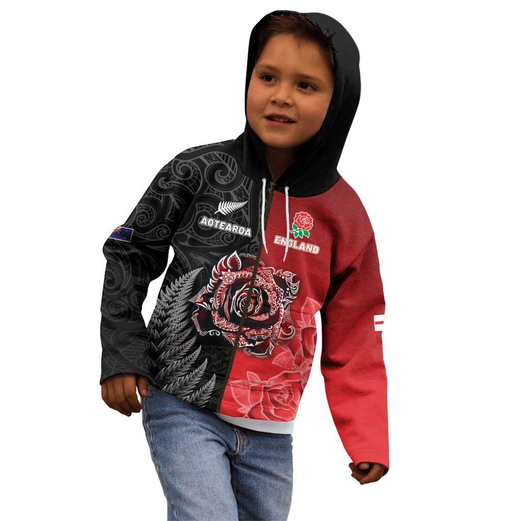 New Zealand And England Rugby Custom Kid Hoodie Red Rose Mix Maori Pattern LT05 - Polynesian Pride