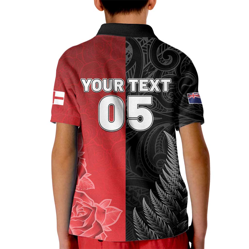 New Zealand And England Rugby Custom Kid Polo Shirt Red Rose Mix Maori Pattern LT05 - Polynesian Pride
