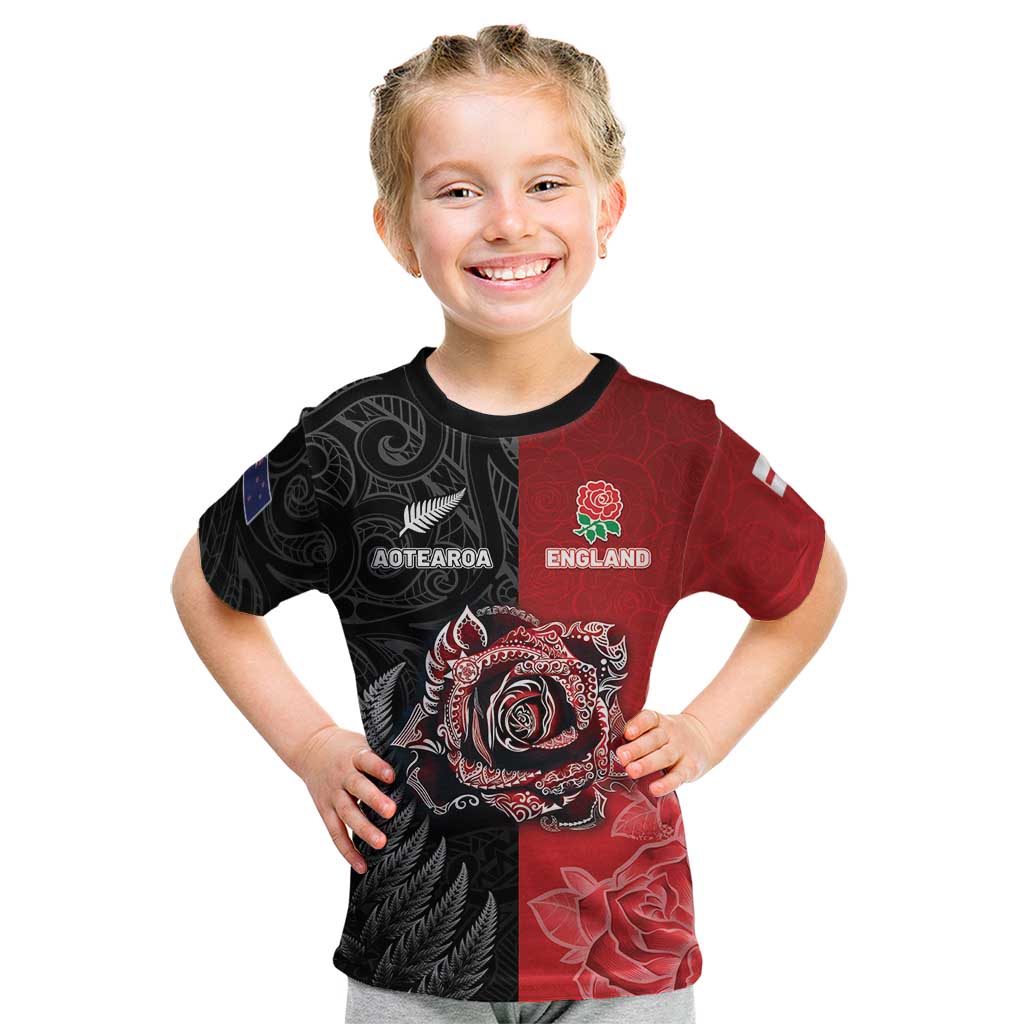 New Zealand And England Rugby Custom Kid T Shirt Red Rose Mix Maori Pattern - Polynesian Pride