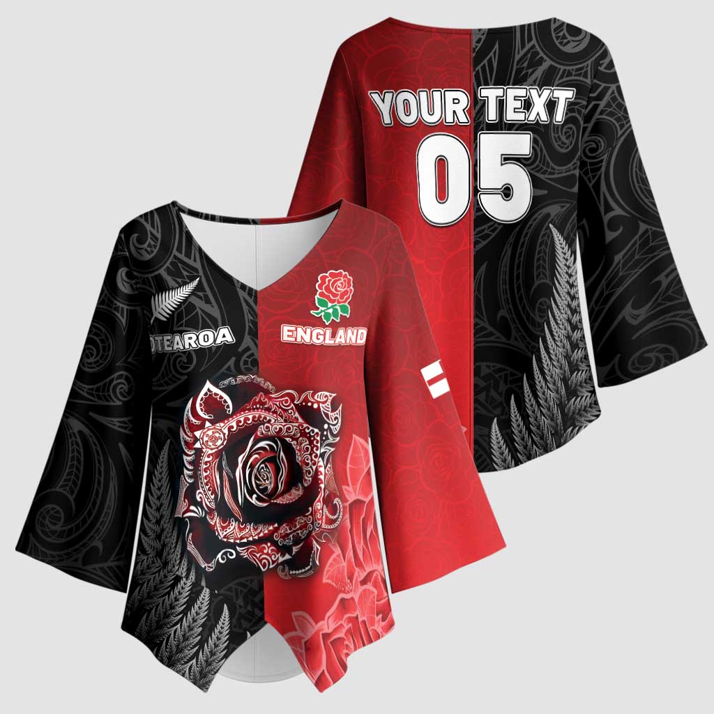 New Zealand And England Rugby Custom Kimono Sleeve Blouse Red Rose Mix Maori Pattern - Polynesian Pride
