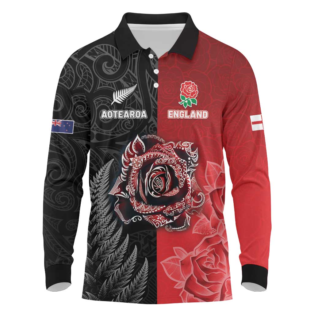 New Zealand And England Rugby Custom Long Sleeve Polo Shirt Red Rose Mix Maori Pattern LT05 Black - Polynesian Pride