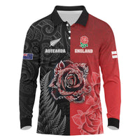 New Zealand And England Rugby Custom Long Sleeve Polo Shirt Red Rose Mix Maori Pattern LT05 Black - Polynesian Pride
