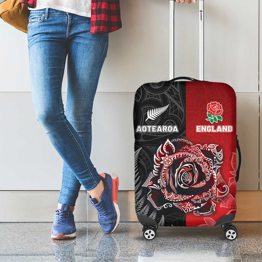 New Zealand And England Rugby Luggage Cover Red Rose Mix Maori Pattern LT05 - Polynesian Pride