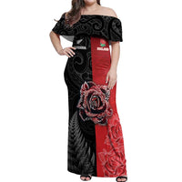 New Zealand And England Rugby Custom Off Shoulder Maxi Dress Red Rose Mix Maori Pattern LT05 Women Black - Polynesian Pride
