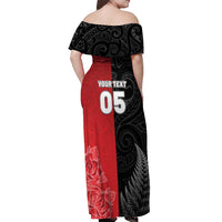 New Zealand And England Rugby Custom Off Shoulder Maxi Dress Red Rose Mix Maori Pattern LT05 - Polynesian Pride