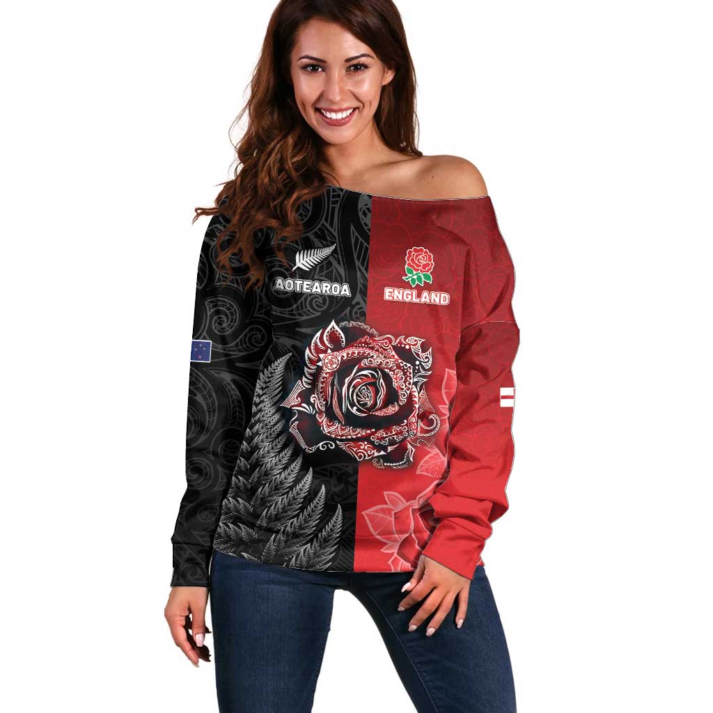 New Zealand And England Rugby Custom Off Shoulder Sweater Red Rose Mix Maori Pattern - Polynesian Pride
