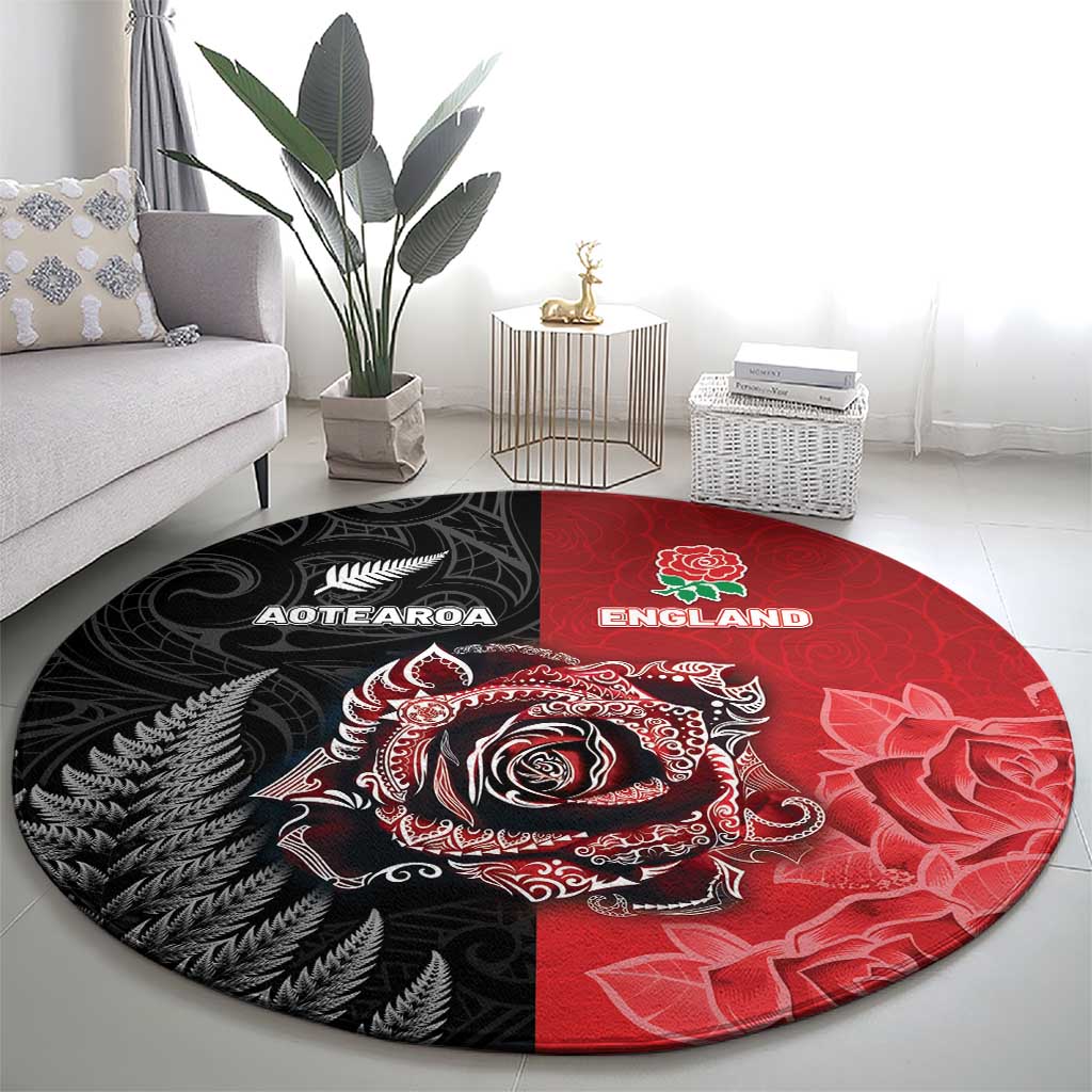 New Zealand And England Rugby Round Carpet Red Rose Mix Maori Pattern LT05 - Polynesian Pride