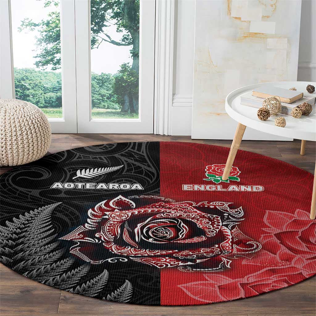 New Zealand And England Rugby Round Carpet Red Rose Mix Maori Pattern LT05 - Polynesian Pride