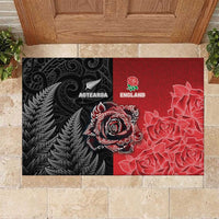 New Zealand And England Rugby Rubber Doormat Red Rose Mix Maori Pattern LT05 Black - Polynesian Pride