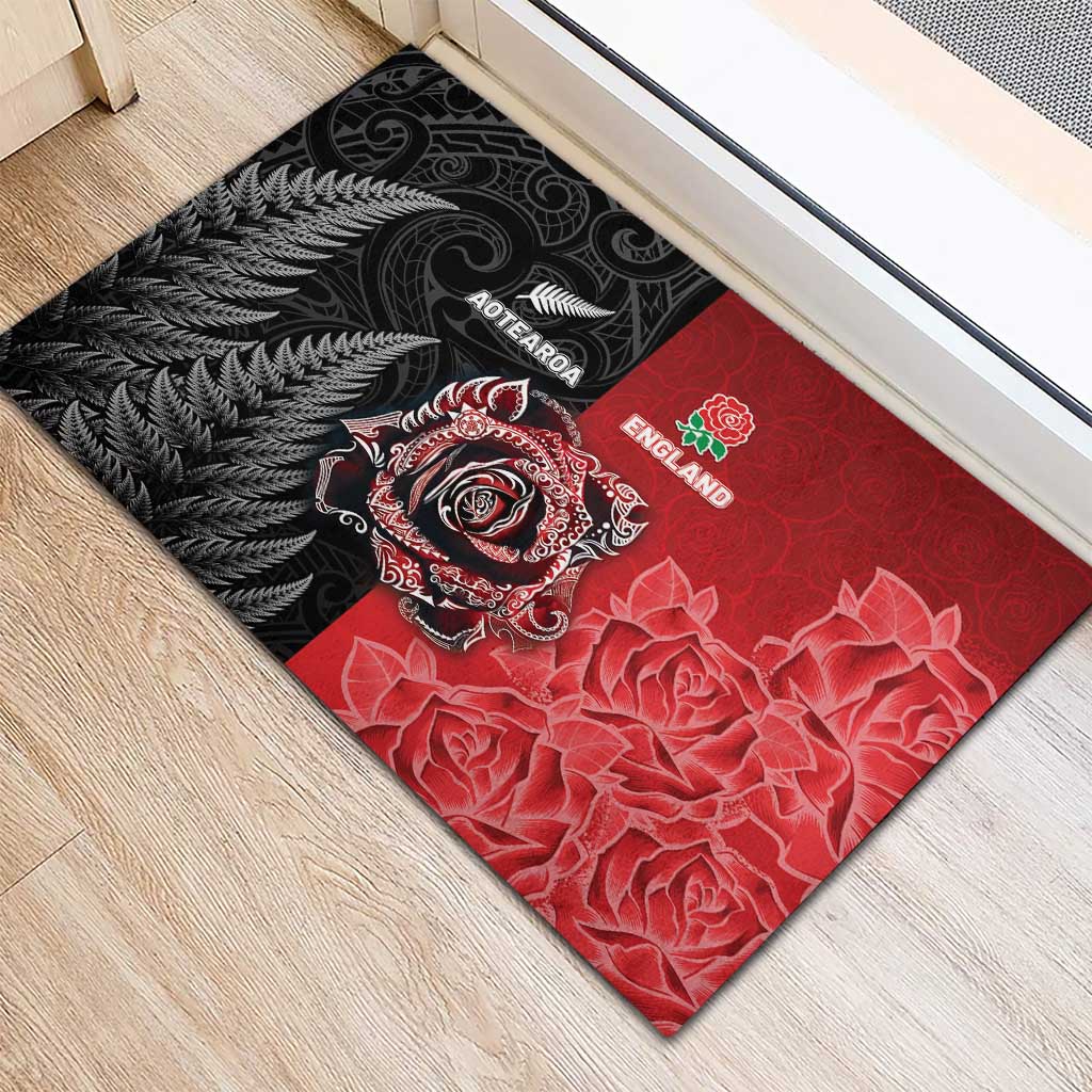 New Zealand And England Rugby Rubber Doormat Red Rose Mix Maori Pattern LT05 - Polynesian Pride