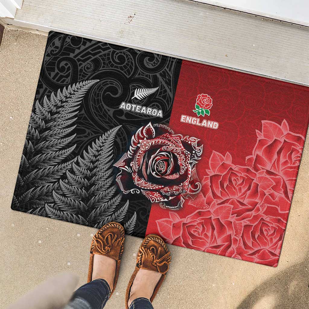 New Zealand And England Rugby Rubber Doormat Red Rose Mix Maori Pattern LT05 - Polynesian Pride