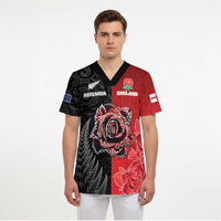 New Zealand And England Rugby Custom Scrub Top Red Rose Mix Maori Pattern LT05 - Polynesian Pride