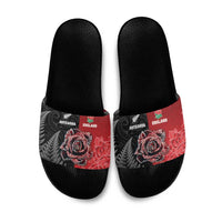New Zealand And England Rugby Slide Sandals Red Rose Mix Maori Pattern LT05 Black - Polynesian Pride