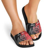 New Zealand And England Rugby Slide Sandals Red Rose Mix Maori Pattern LT05 - Polynesian Pride