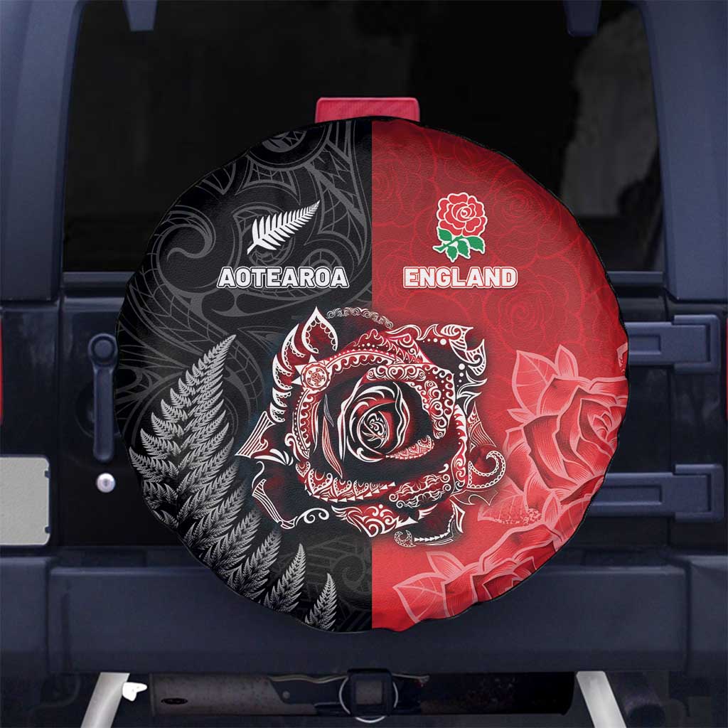 New Zealand And England Rugby Spare Tire Cover Red Rose Mix Maori Pattern LT05 No hole Black - Polynesian Pride