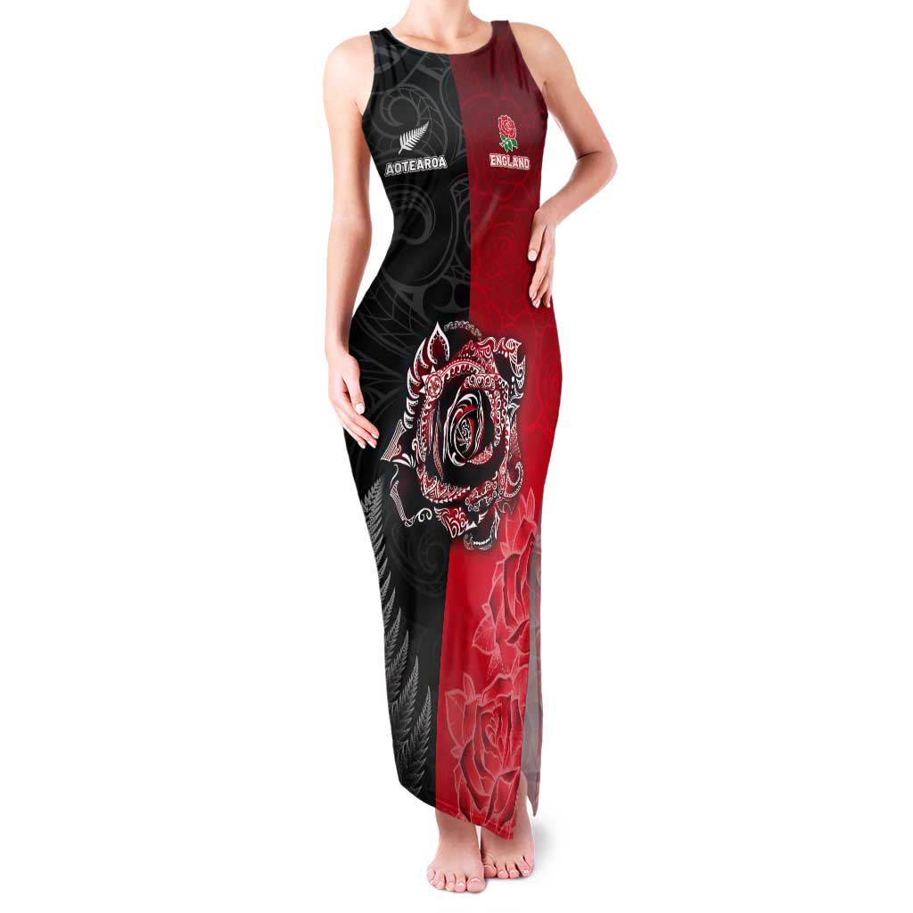 New Zealand And England Rugby Custom Tank Maxi Dress Red Rose Mix Maori Pattern LT05 Women Black - Polynesian Pride