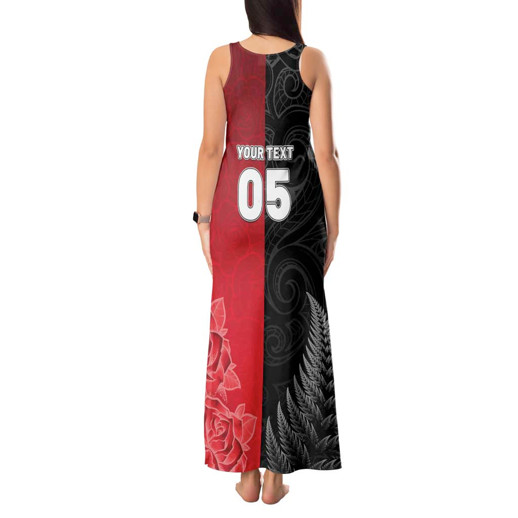 New Zealand And England Rugby Custom Tank Maxi Dress Red Rose Mix Maori Pattern LT05 - Polynesian Pride
