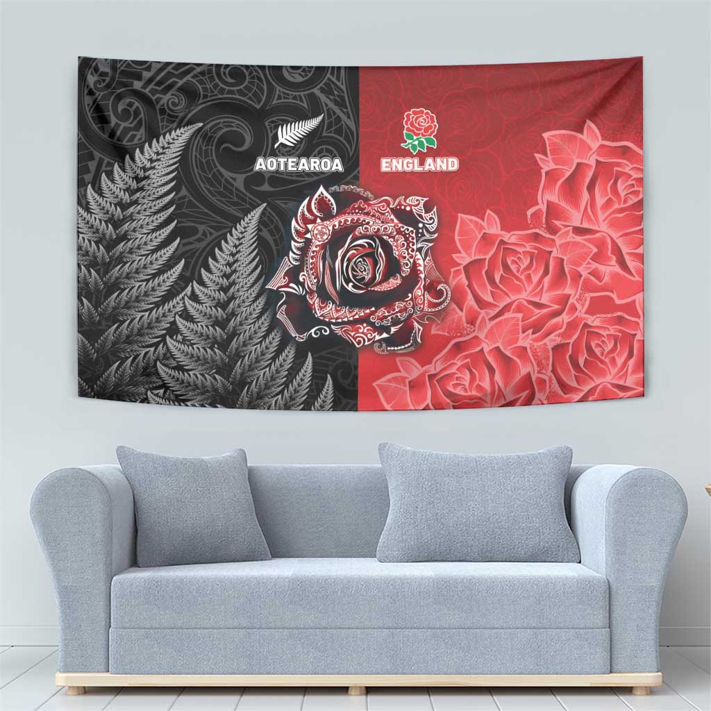 New Zealand And England Rugby Tapestry Red Rose Mix Maori Pattern LT05 - Polynesian Pride