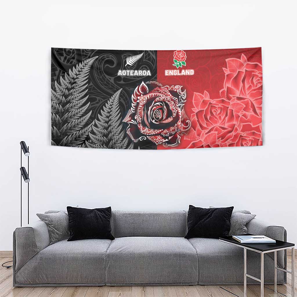 New Zealand And England Rugby Tapestry Red Rose Mix Maori Pattern LT05 - Polynesian Pride