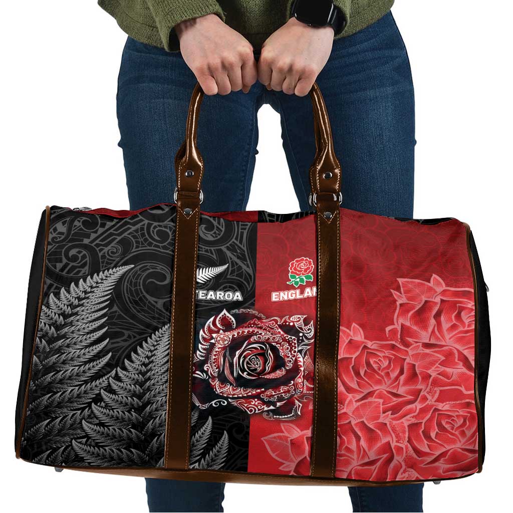 New Zealand And England Rugby Travel Bag Red Rose Mix Maori Pattern LT05 Black - Polynesian Pride