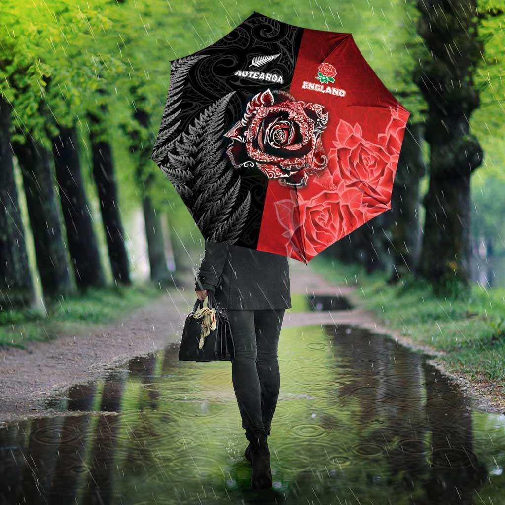 New Zealand And England Rugby Umbrella Red Rose Mix Maori Pattern LT05 - Polynesian Pride