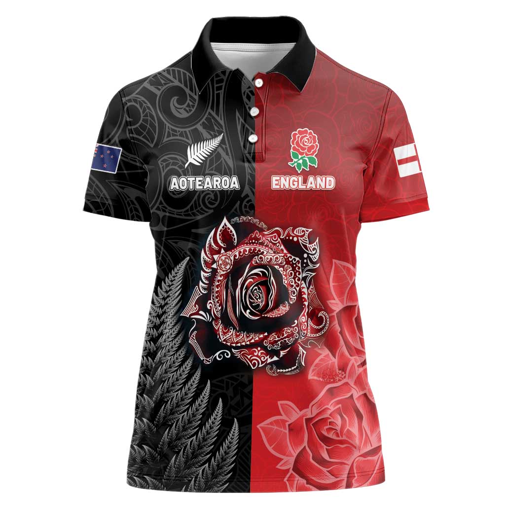 New Zealand And England Rugby Custom Women Polo Shirt Red Rose Mix Maori Pattern - Polynesian Pride