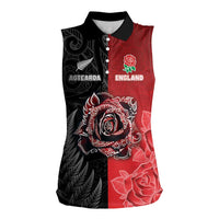 New Zealand And England Rugby Custom Women Sleeveless Polo Shirt Red Rose Mix Maori Pattern LT05 Female Black - Polynesian Pride