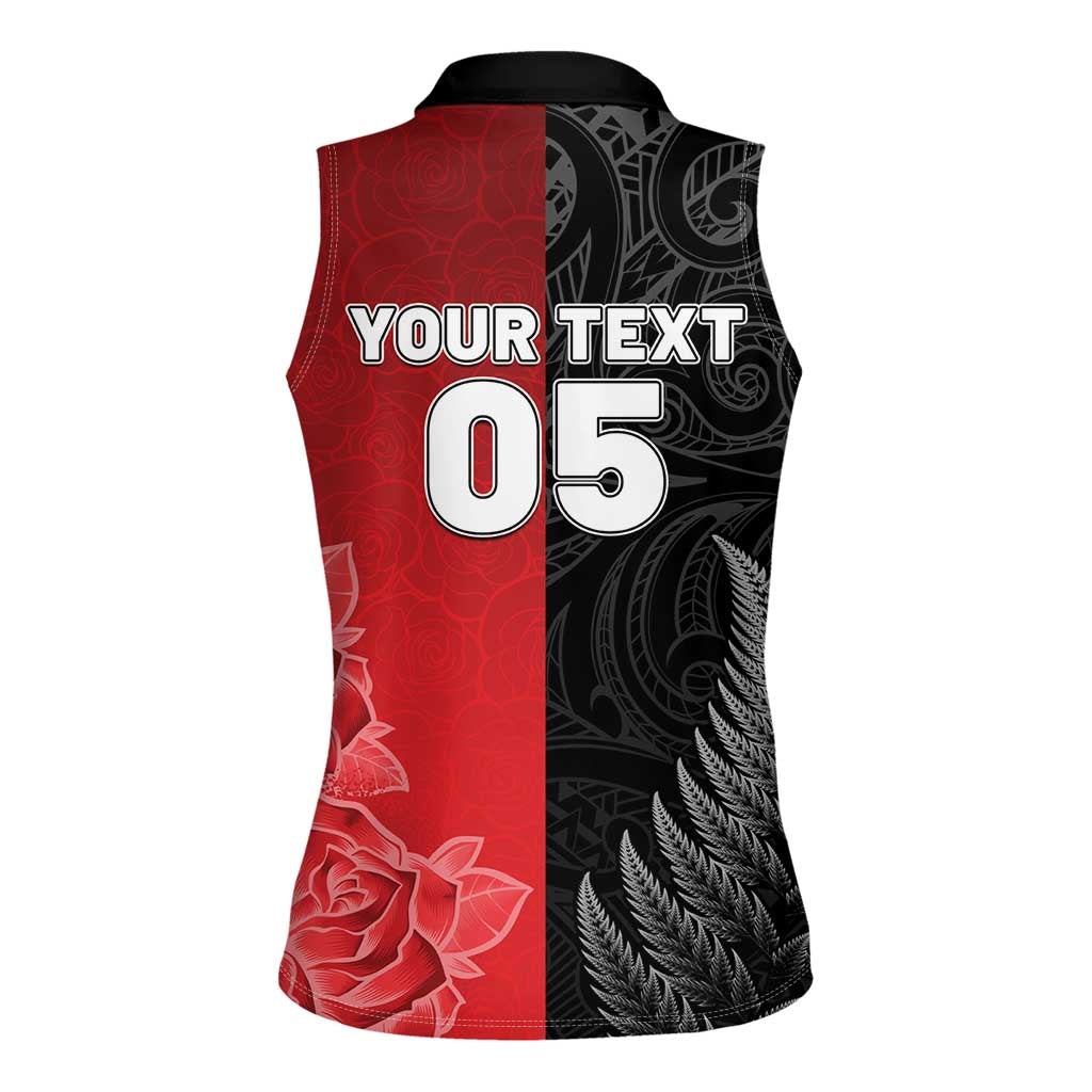 New Zealand And England Rugby Custom Women Sleeveless Polo Shirt Red Rose Mix Maori Pattern LT05 - Polynesian Pride