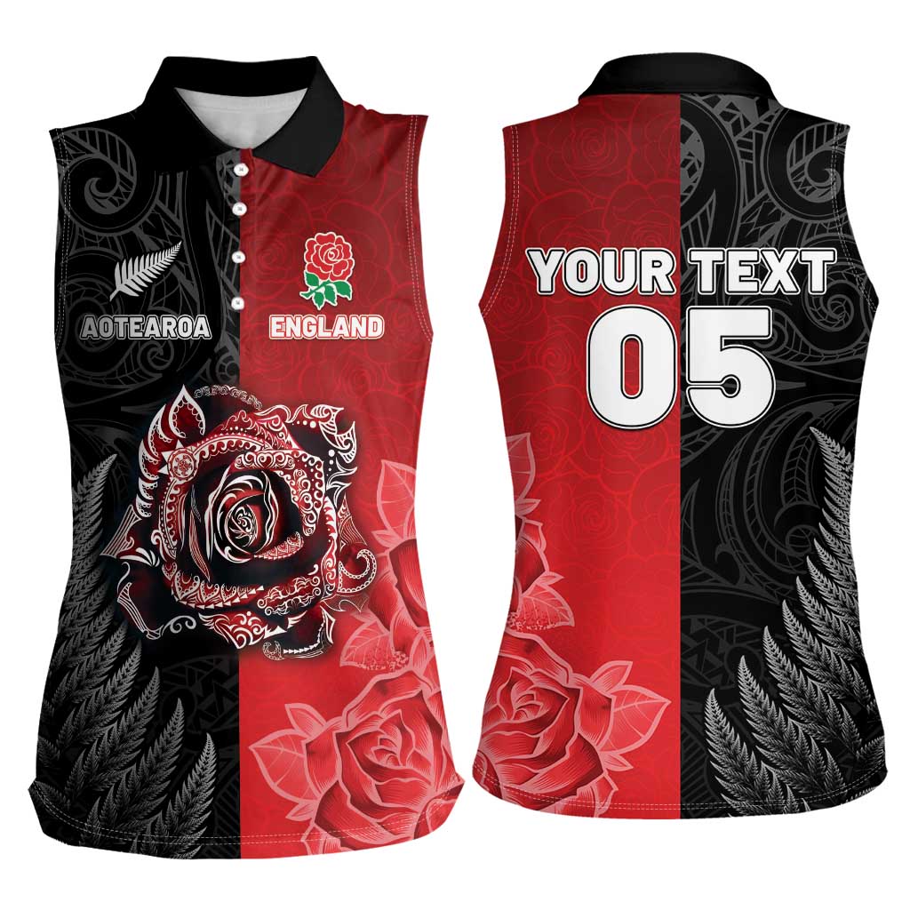 New Zealand And England Rugby Custom Women Sleeveless Polo Shirt Red Rose Mix Maori Pattern LT05 - Polynesian Pride