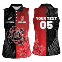New Zealand And England Rugby Custom Women Sleeveless Polo Shirt Red Rose Mix Maori Pattern LT05 - Polynesian Pride