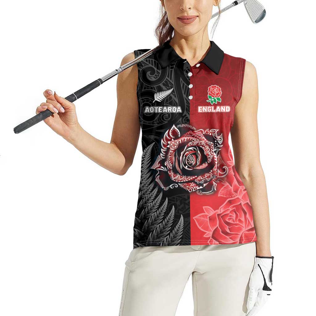 New Zealand And England Rugby Custom Women Sleeveless Polo Shirt Red Rose Mix Maori Pattern LT05 - Polynesian Pride