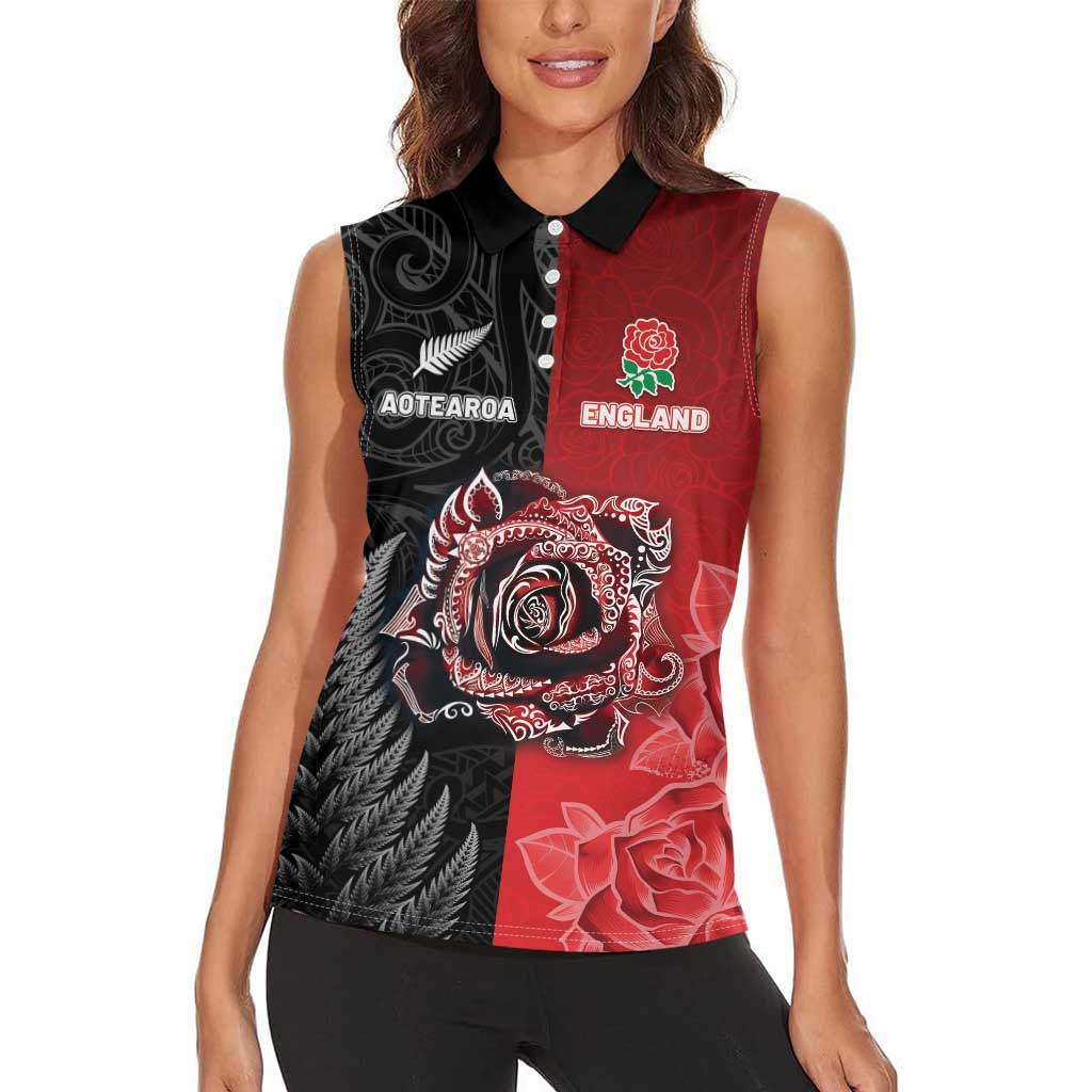 New Zealand And England Rugby Custom Women Sleeveless Polo Shirt Red Rose Mix Maori Pattern LT05 - Polynesian Pride
