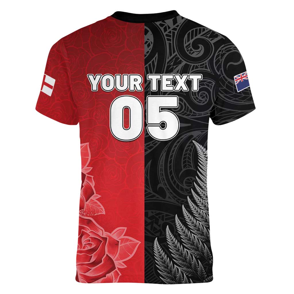 New Zealand And England Rugby Custom Women V-Neck T-Shirt Red Rose Mix Maori Pattern - Polynesian Pride