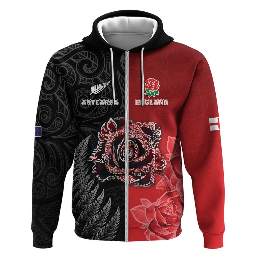 New Zealand And England Rugby Custom Zip Hoodie Red Rose Mix Maori Pattern LT05 Zip Hoodie Black - Polynesian Pride