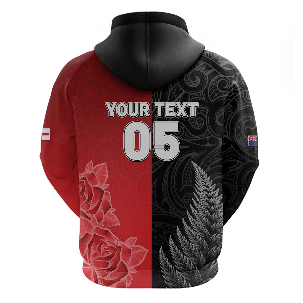 New Zealand And England Rugby Custom Zip Hoodie Red Rose Mix Maori Pattern LT05 - Polynesian Pride