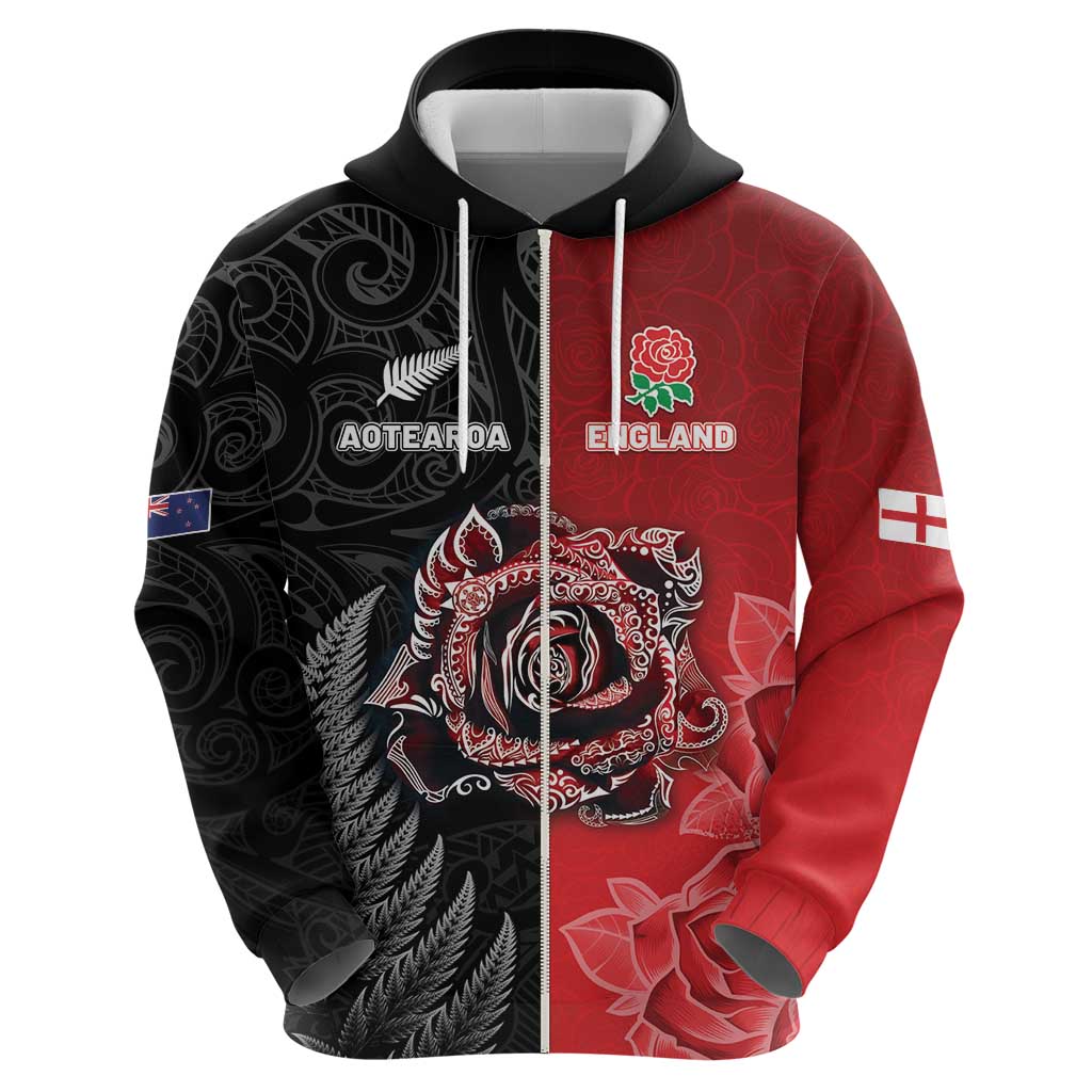 New Zealand And England Rugby Custom Zip Hoodie Red Rose Mix Maori Pattern LT05 - Polynesian Pride