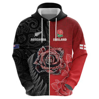New Zealand And England Rugby Custom Zip Hoodie Red Rose Mix Maori Pattern LT05 - Polynesian Pride