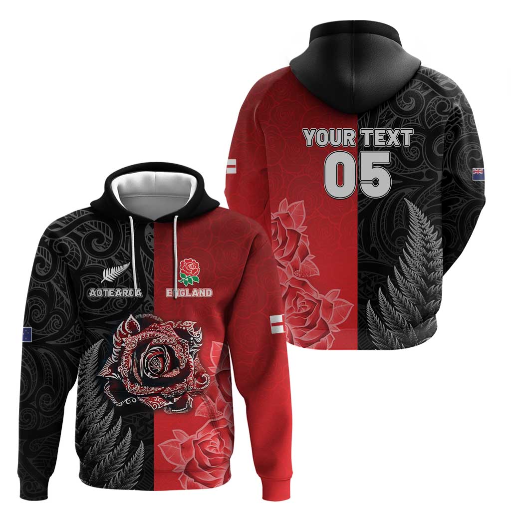 New Zealand And England Rugby Custom Zip Hoodie Red Rose Mix Maori Pattern LT05 - Polynesian Pride