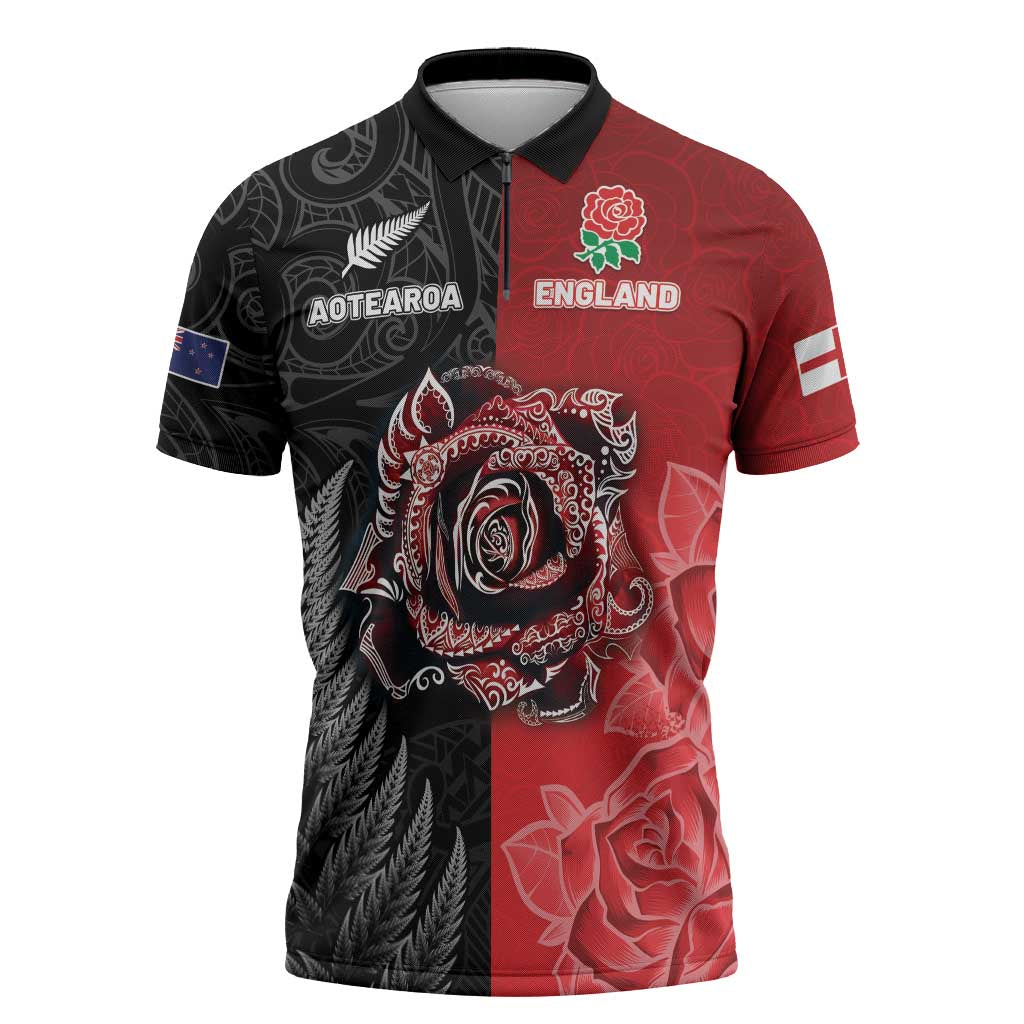 New Zealand And England Rugby Custom Zipper Polo Shirt Red Rose Mix Maori Pattern - Polynesian Pride