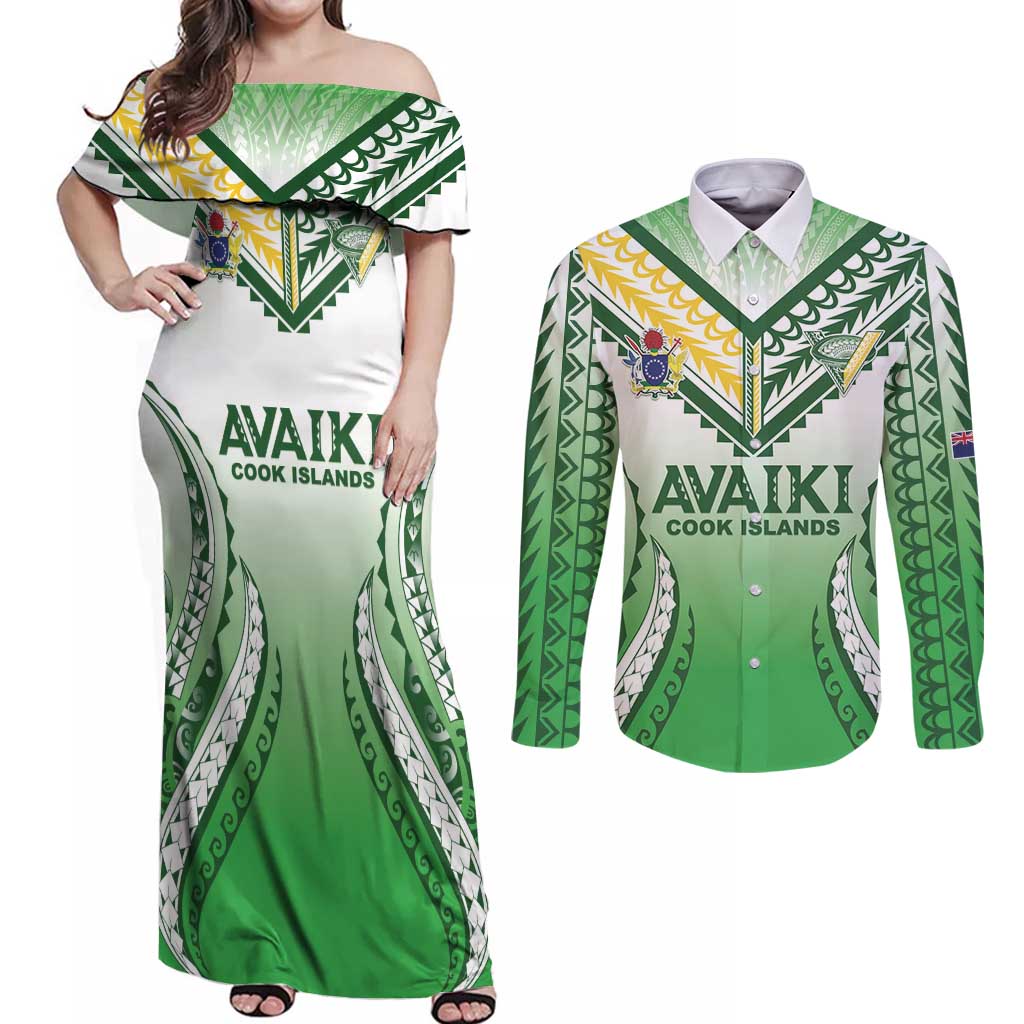 Custom Cook Islands Avaiki Rugby Couples Matching Off Shoulder Maxi Dress and Long Sleeve Button Shirt Go Champions LT05 Green - Polynesian Pride