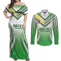 Custom Cook Islands Avaiki Rugby Couples Matching Off Shoulder Maxi Dress and Long Sleeve Button Shirt Go Champions LT05 Green - Polynesian Pride