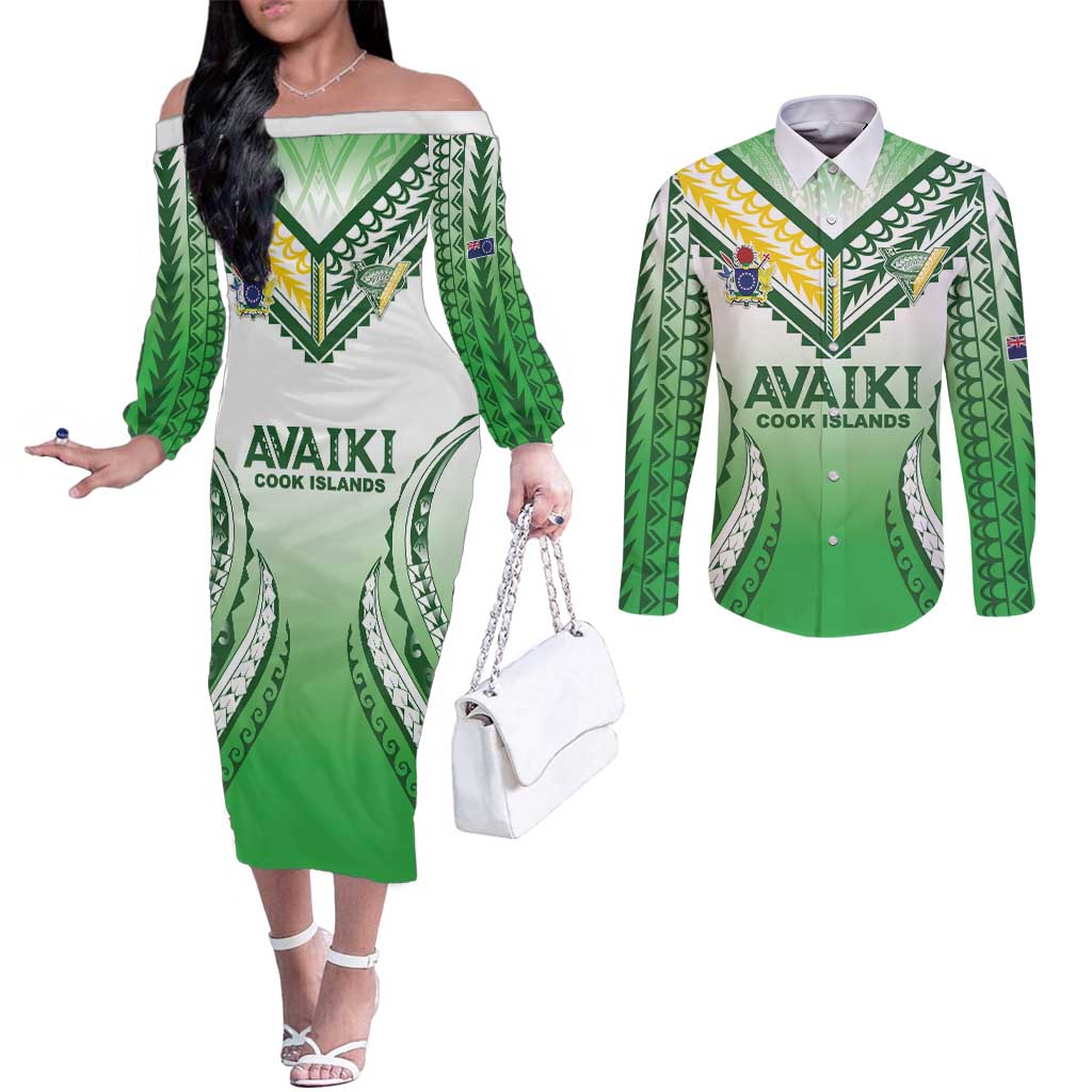 Custom Cook Islands Avaiki Rugby Couples Matching Off The Shoulder Long Sleeve Dress and Long Sleeve Button Shirt Go Champions LT05 Green - Polynesian Pride