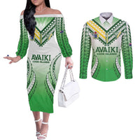 Custom Cook Islands Avaiki Rugby Couples Matching Off The Shoulder Long Sleeve Dress and Long Sleeve Button Shirt Go Champions LT05 Green - Polynesian Pride