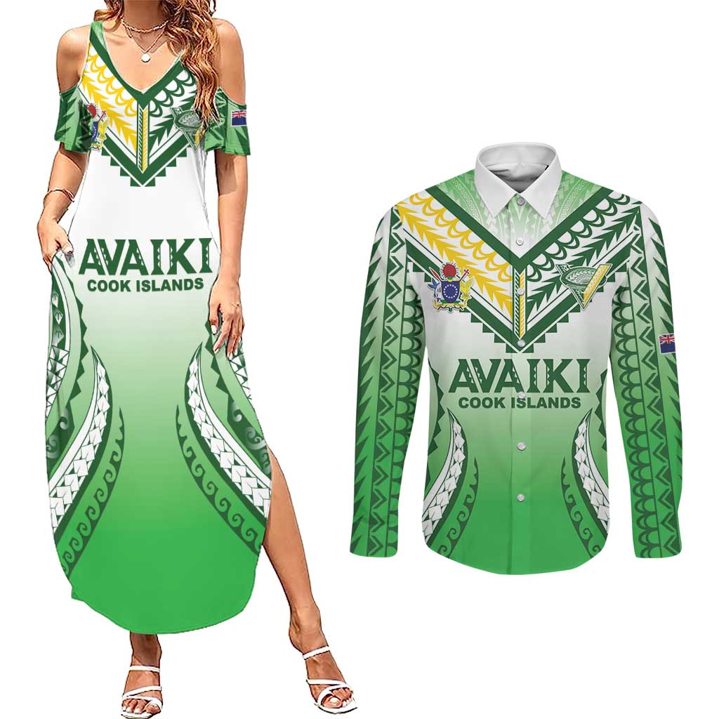 Custom Cook Islands Avaiki Rugby Couples Matching Summer Maxi Dress and Long Sleeve Button Shirt Go Champions LT05 Green - Polynesian Pride