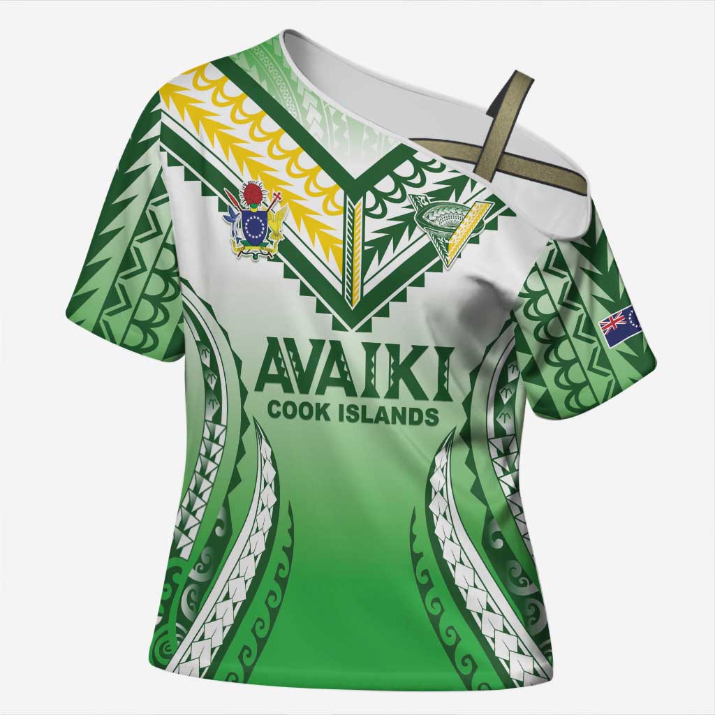 Custom Cook Islands Avaiki Rugby Cross Shoulder Shirt Go Champions LT05 Female Green - Polynesian Pride