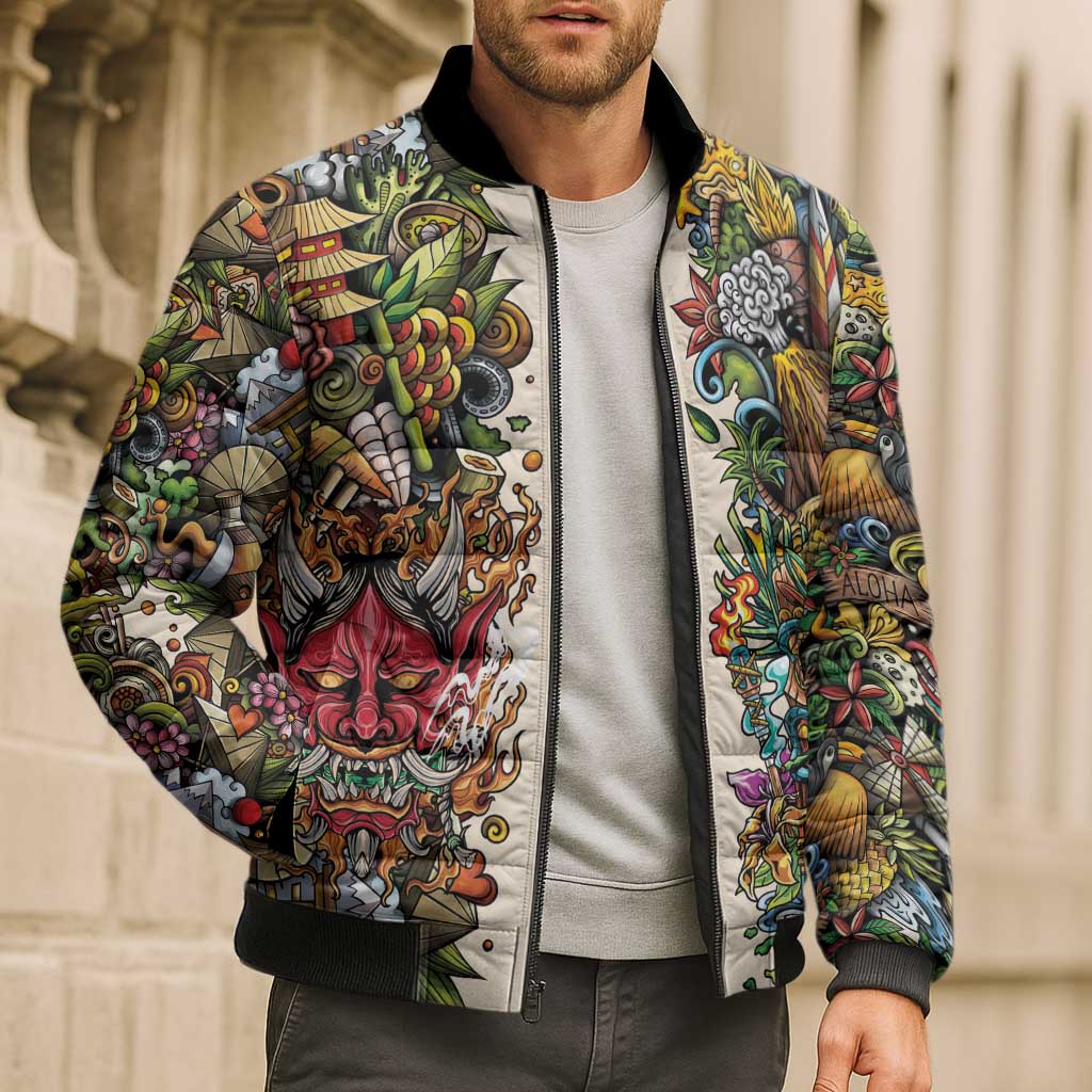 Hawaii And Japan Bomber Puffer Jacket Tiki With Oni Mask - Polynesian Pride
